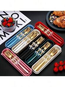 4-Piece Portable Stainless Steel Cutlery Set, Dishwasher- Reusable Utensil Set, Including Fork, Spoon, Chopsticks With Case (Gold Green) - Olive Green - View 4