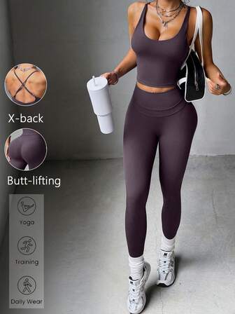 Aoqta Sports Women's Two Pieces Sports Casual Running Fitness Neck Sleeved Halter Vest And High Waist Skinny Pants Yoga Exercise Set