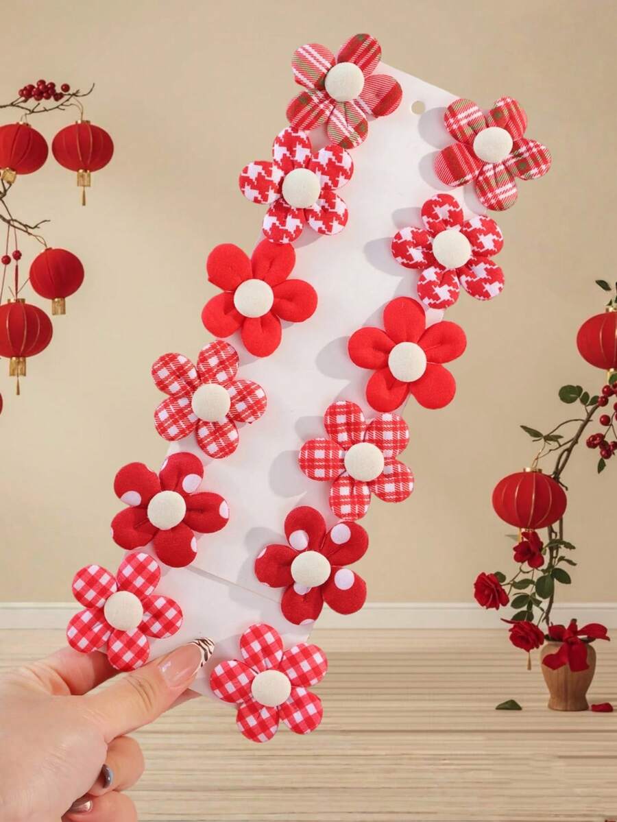 12 piezas de accesorios para el cabello de niña con lindas flores rojas versátiles - Rojo - Ver 1