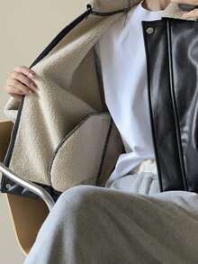 Livesso 女士PU皮革和仿羊羔绒拼接夹克，秋季女装 - 黑色 - 查看 7