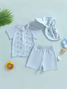Trajes de baño Rash Guard para niños pequeños, camisetas de manga corta con estampado de dinosaurios, pantalones cortos, sombrero, conjuntos de baño de tres piezas - Azul - Ver 6