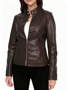 Women's Fashionable Casual Solid Color Long Sleeve Motorcycle Style Zipper PU Leather Jacket, Suitable For Spring, Autumn And Winter