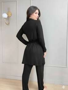 Women's Pajama Set With Robe In Comfortable, Casual, And Elegant Suede Knit - 黑色 - 查看 3