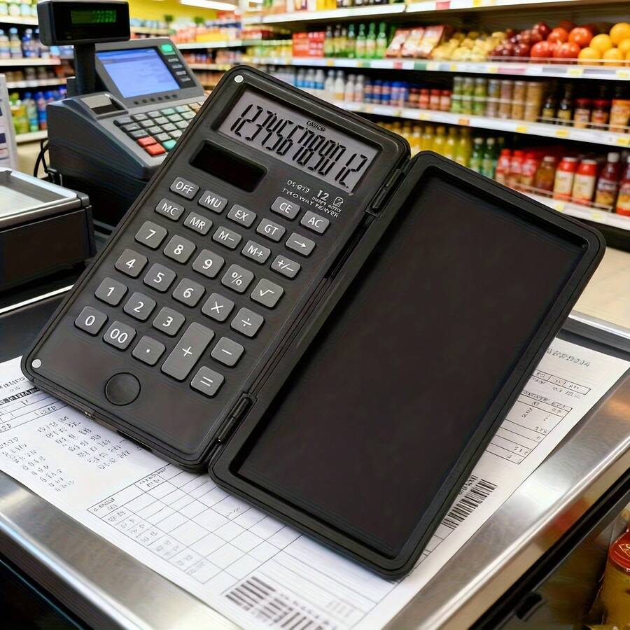 12-Digit Large Display Foldable Calculator With Writing Board - Multifunctional Calculation, Portable Writing Board, Efficient Tool For Office, Finance, Student Work, And Business Scenarios - Black - View 1