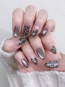 24pcs French Cat Eye Nail Stickers, Medium Almond Shape, Leopard Gradient Design, Minimalist Style, Smooth Surface, Full Coverage, Suitable For Women And Girls Daily Wear