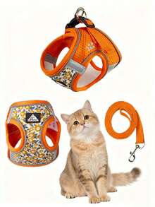 A Set Of Printed Pattern Breathable Mesh Dog Harness And Traction Rope Simple Fashionable And Casual Pet Harness And Traction Rope Set Breathable And Cooler At Night, With Reflective Strips To Improve Visibility And Make It Easier To Be Found To Avoid Traffic Accidents