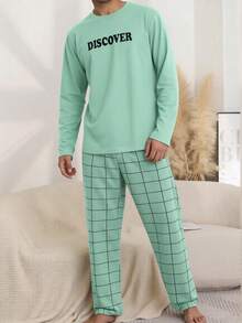 2pcs Men's Casual Sleepwear Set, Thin Round Neck Letter & Plaid Print Long Sleeve Top And Pants, Comfortable And Simple, Spring/Autumn - Multicolor - View 3