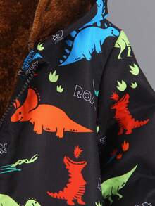 男童恐龙印花保暖连帽拉链外套，时尚街头风休闲外套，适合秋冬季穿着
