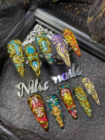 10pcs Stiletto Nail Set,Green&Red Cat Eye,Purple Nail Art,3D Three Dimensional Steel Ball&Chain Beads& Angel Nail Accessories,Hand Paid Chrome Nail Powder Geometric Pattern,Y2K-Style Wearable Nail Art Set,Suitable For Women To Wear Daily Parties New Year (Includes:A Piece Of Jelly Glue And A Friction Strip)Nail Supplies Naill