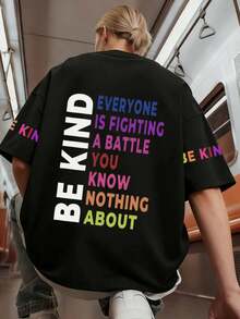 Camiseta de manga corta con gráfico de letra para mujer talla grande, adecuada para primavera/verano, top talla grande negro - Negro - Ver 1