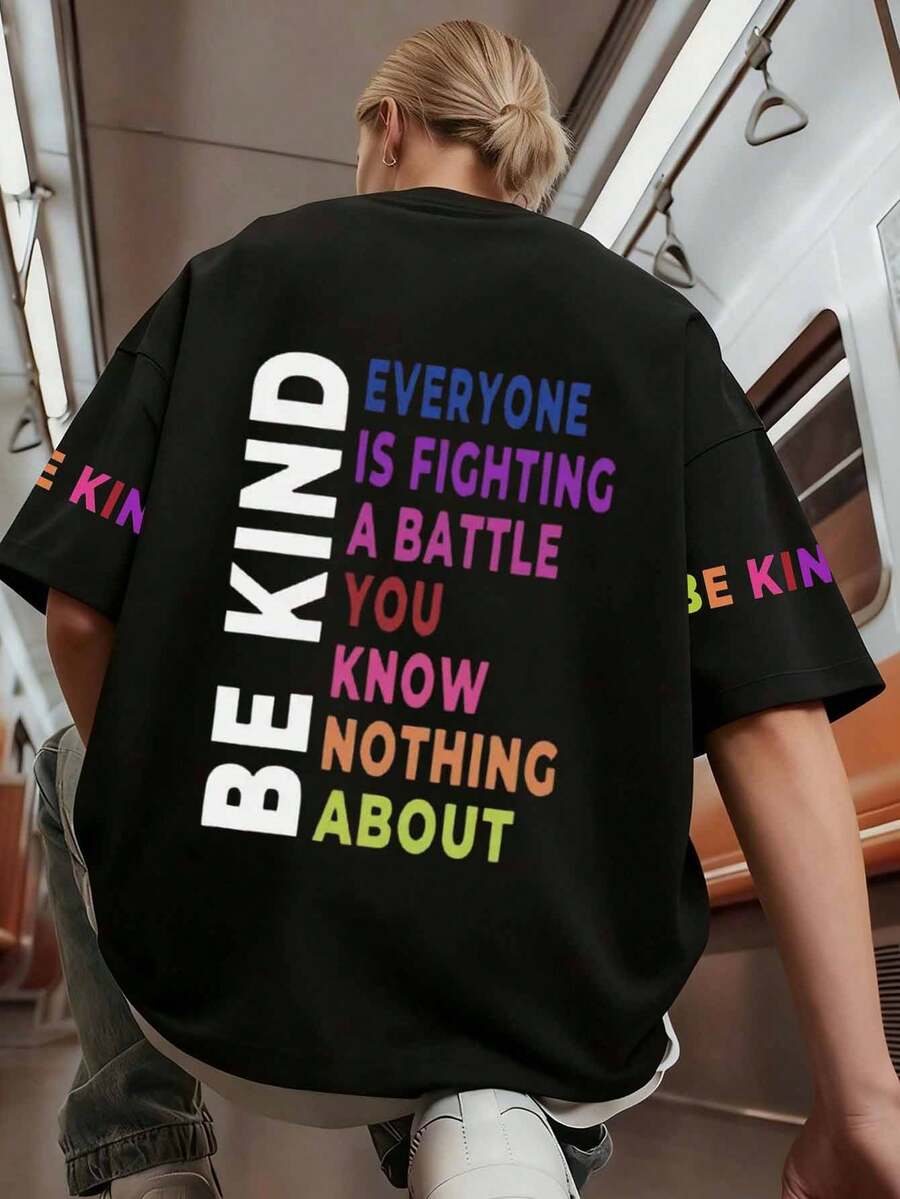 Camiseta de manga corta con gráfico de letra para mujer talla grande, adecuada para primavera/verano, top talla grande negro - Negro - Ver 1