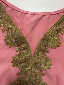 斋月撞色滚边缺口领长袍连衣裙，优雅喇叭袖长款连衣裙，女装 - 粉色 - 查看 5