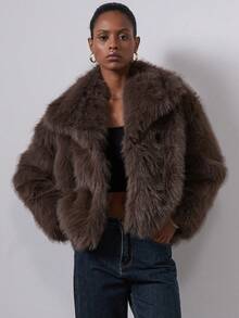 Women's Fashion Casual Faux Fur Collar Long Sleeve Coat - Coffee Brown - View 4