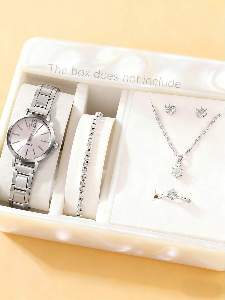 6pcs Women's Glamorous Watch Set, Including A Silver Steel Strap Watch, Fully-Studded Bracelet, Rhinestone Necklace, Stud Earrings, And Ring. Crystal-Studded Silver Quartz Watch, Exquisite Jewelry Set - Silver - View 1