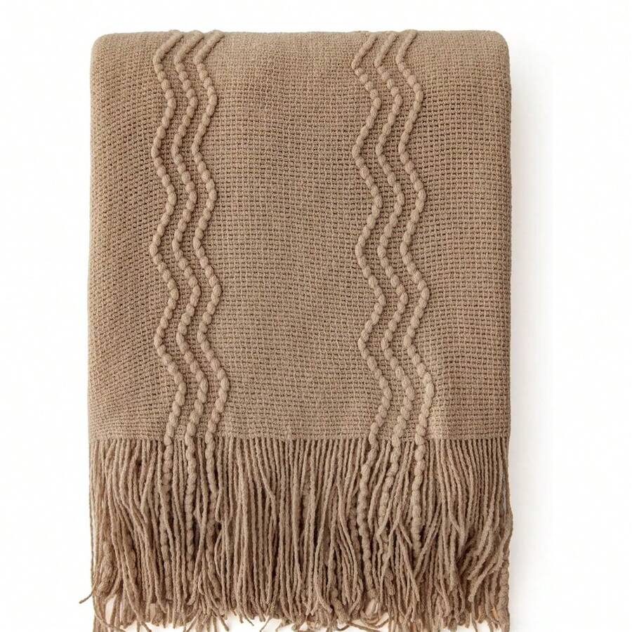 鼠尾草绿毛毯，适合沙发，波西米亚风家居装饰；浅蓝色沙发毯，适合客厅沙发。 - 卡其色 - 查看 1