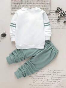 Conjunto de moletom de manga comprida com gola redonda e estampa de letras para menino, ideal para outono/inverno. - Verde - Ver 2