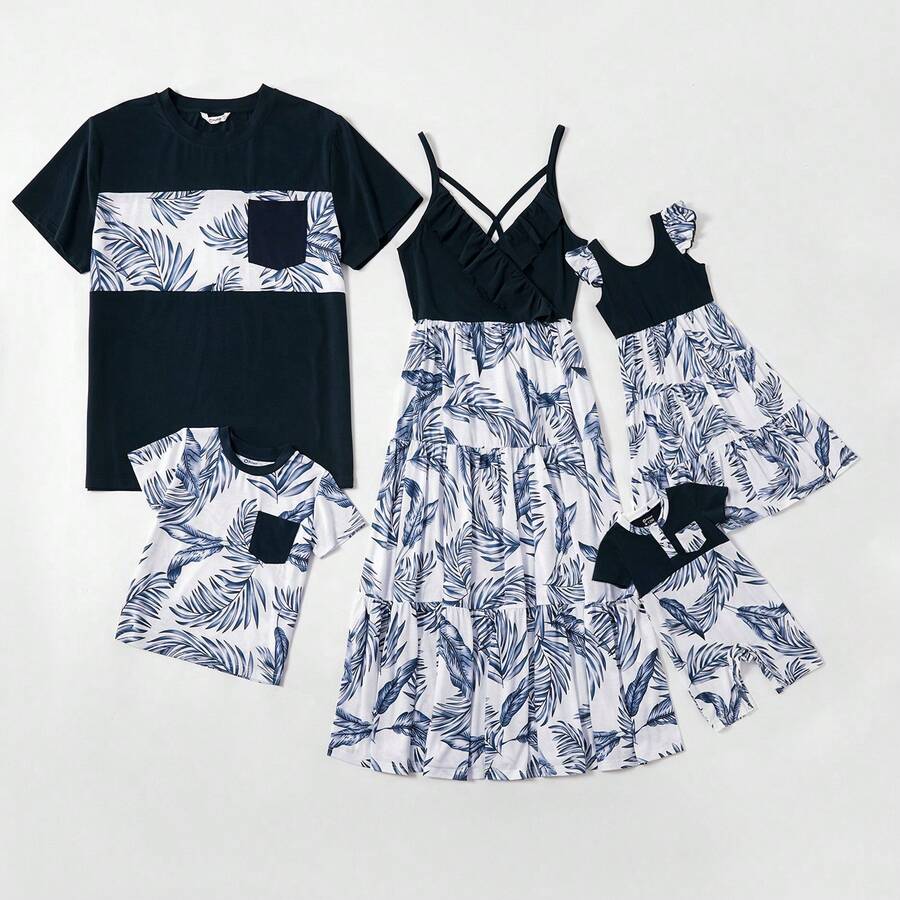 Family Matching Look Hanging Strap Sleeveless Floral Sets With Optional Headband - Royal Blue - View 1