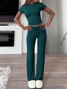 GAOVOT Women's Two Pieces Summer Y2K Sportswear Casual Daily Solid Color Short-Sleeved Round-Neck T-Shirt And Slim Straight-Leg Long Pants Set