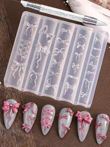 2Pcs 3D Bow Nail Molds Silicone Nail Tools With 1pc Pen,1pc 3D Cute Bow Nail Stencil DIY Nail Art Template, Reusable Mold For Salon Accessories & Manicure Decorations Nail Tools - Bowknot Nail Charms Ribbon Bows Carving Template For Nail Art Accessories