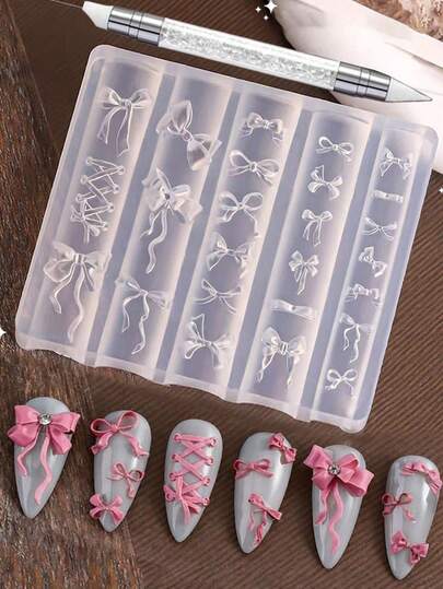 2Pcs 3D Bow Nail Molds Silicone Nail Tools With 1pc Pen,1pc 3D Cute Bow Nail Stencil DIY Nail Art Template, Reusable Mold For Salon Accessories & Manicure Decorations Nail Tools - Bowknot Nail Charms Ribbon Bows Carving Template For Nail Art Accessories