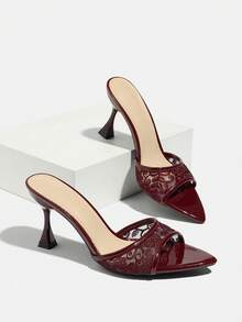 Jin Bei Qi Damen High Heel Mules, Sommersandalen, modische elegante Stiletto-Absätze für Bankett, Party und Outdoor, Reise, glänzendes Trim-Riemen-Design - Bordeaux - Übersicht 5