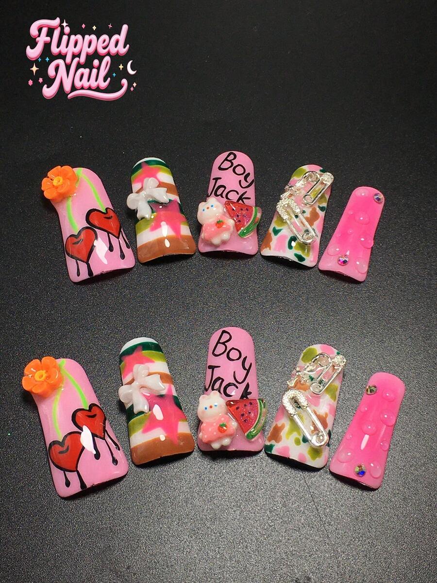 10 Stücke handgefertigter 3,3 cm Entenschnabel/Trompeten-förmiger tragbarer Panzer, kombiniert mit Dekorationen in Form von Wassermelone, Hase, Blütenblatt und Schleife, entworfen als Nagel-Sticker-Set für Frauen und Mädchen, geeignet für Veranstaltungen, Feste und den täglichen Gebrauch. Nagel-Accessoires, Acryl-Nagel-Set, inklusive Set, handgepresstes Nail-Art, Fake-Nagel-Sticker und Nagel-Zubehör. Nägel - Verschiedenfarbig - Übersicht 1