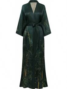 Women's Long Satin Silky Kimono Robe - Japanese Bathrobe Nightgown Loungewear Blouse - 李子色 - 漸層藍 - 查看 7