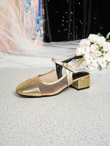 Women's Closed Toe Gold Chunky Heel Sandals, Versatile French Style Mid Heel Mary Jane Shoes, Solid Color Bohemian Buckle Office Shoes For Summer - Gold - View 3