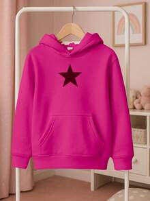 DEVIT - Sudadera negra para niña con capucha y estrella plateada al frente, estilo casual moderno sin jareta, ideal para invierno o uso diario, tela suave tipo french terry - Rosa Fucsia - Ver 2
