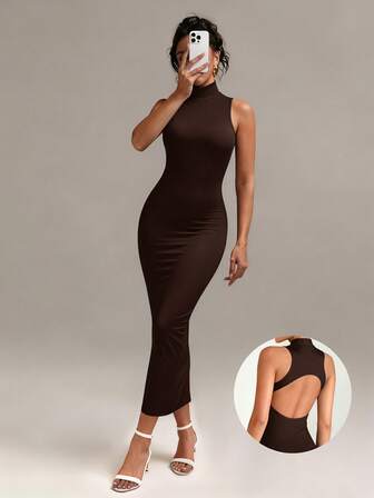 XLLAIS Sexig Rygglös Hög Hals Bodycon Klänning 2025 Sommar Ärmlös Enfärgad Födelsedagsfest Lång Klänning Halloween