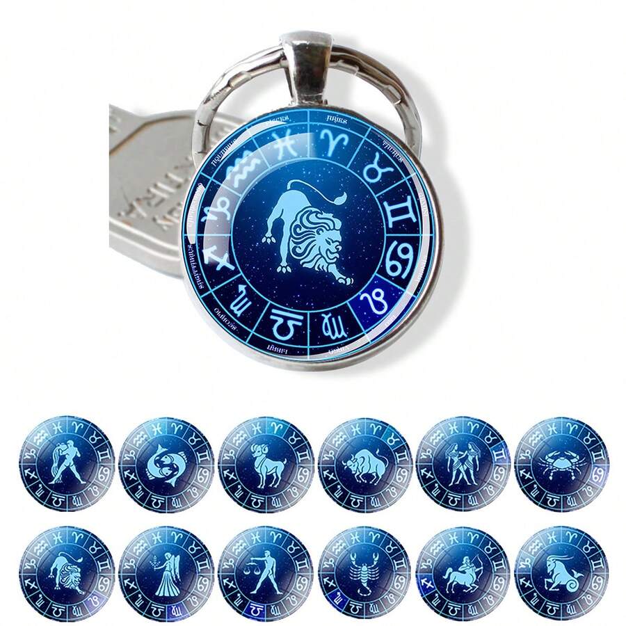 1pc 12 Zodiac Keychain, Zodiac Logo Glass Cabochon Keychain, Men's Accessories, Birthday Gift - Silver - View 1