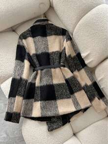 法式复古时尚通勤修身不对称下摆加厚格纹女士秋冬双排扣西装外套度假黑色 - 黑色 - 查看 2