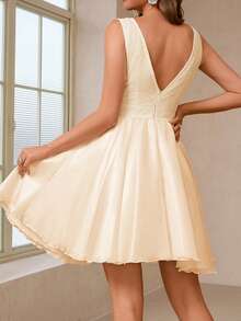 Women's Lace Organza Satin Elegant Wedding Guest Skirt, Mini Party Evening Dress White Formal Graduation Prom Dress, Elegant Easter Evening Gown - Champagne - View 2