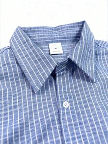 男士复古硬币纹纽扣前襟条纹做旧长袖衬衫，休闲百搭，适合所有季节 - 藍白色 - 查看 6