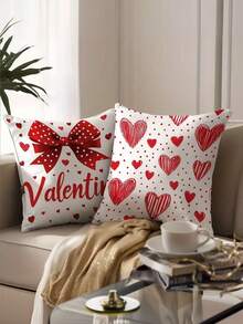 情人节四件套抱枕套 - 17.7x17.7 英寸，浪漫心形蝴蝶结设计，红白装饰抱枕套，适用于家居、办公室和客厅（不含枕芯），浪漫家居装饰|心形图案设计|拉链封口 - 紅白色 - 查看 2