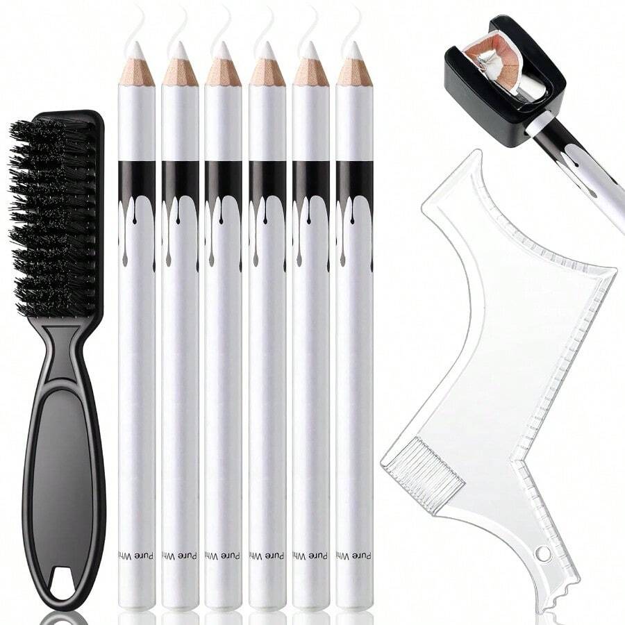 AWYYNoerrors White Barber Pencil For Lineup Magic Hairline Beard Guide Shaping Pencils Barber Chalk For Design Hairline Razor Trace Barber Pencils Set With Sharpener Ruler Brush For Men - 白色 - 查看 1