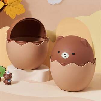 可爱蛋形迷你桌面垃圾桶，带翻盖，塑料材质，无需用电，家用办公桌面收纳整理架，家用办公桌收纳用品，笔筒，可拆卸盖子，90°开口设计