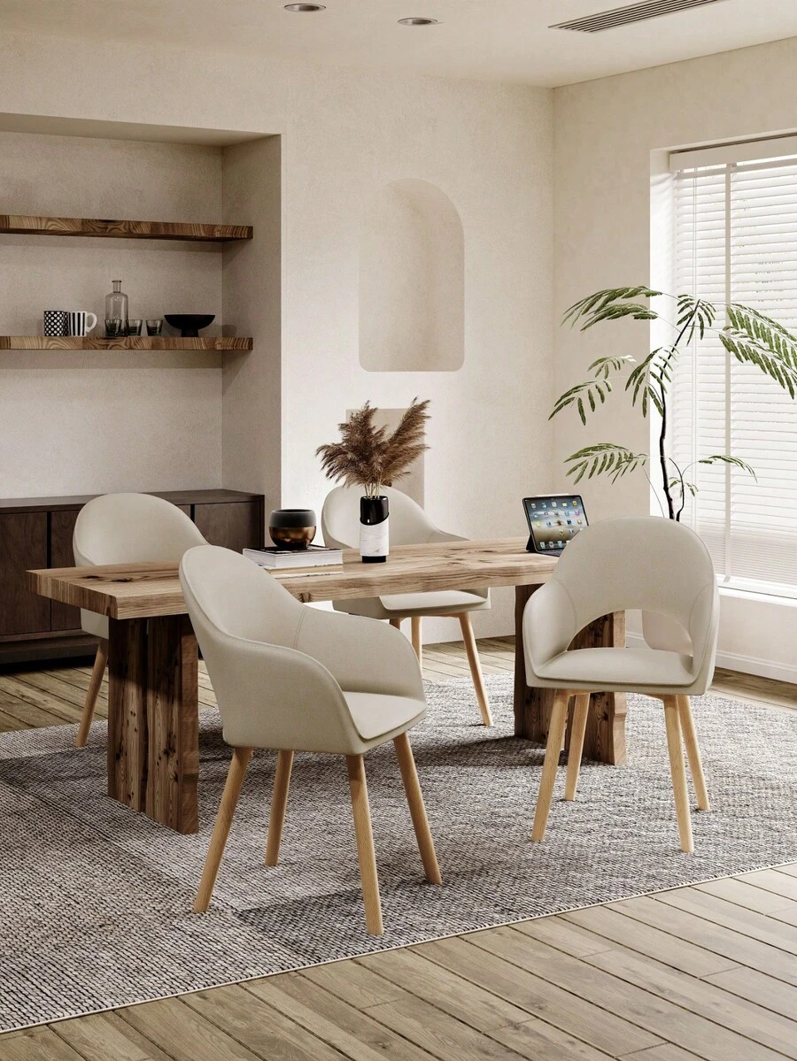 Goeurvant Modern Crescent-Back Upholstered Dining Chairs With Armrests And Solid Wood Legs For Dining Room, Living Room, Study - Set Of 2 / Set Of 4 / Set Of 6 - Beige/Textured Fabric - 米色 - 查看 1