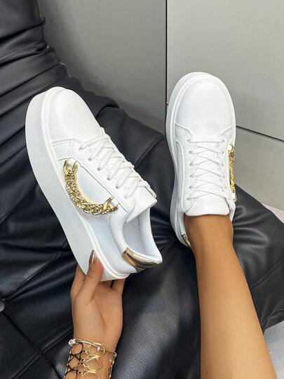 New Stylish Lace-Up Casual Comfortable Non-Slip Colorblock Sneakers With Metal Chain Decor For Women, Minimalist Low-Top Durable Shoes