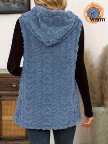 Women's Solid Color Hooded Knit Vest, Sleeveless Button Front Cardigan, Regular Length, With Fuzzy Details - Blue - View 4