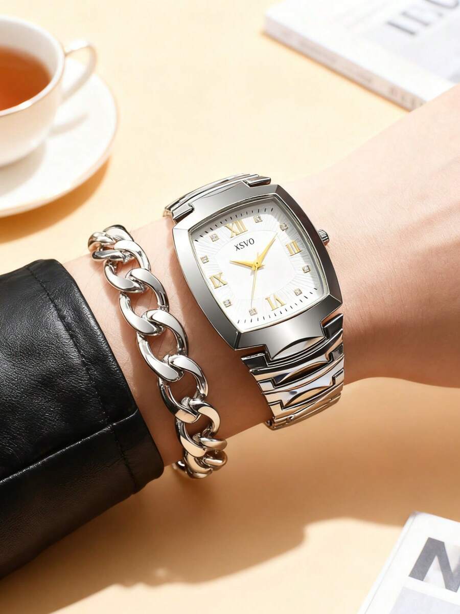 2件套时尚创意个性化嘻哈大表盘石英表+手链套装，适合日常搭配、生日、男士礼物、周年纪念、年末促销、双十一、万圣节促销，不含礼盒