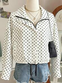 一件女士白色波点拉链休闲外套，适合圣诞节、秋冬春季穿着。 - 白色 - 查看 2