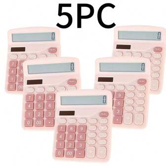 5件套柔粉色美观桌面计算器，12位大显示屏+太阳能双电源，支持记忆计算/快速重置，适用于办公财务统计、学生数学计算、家庭日常使用。柔和的色彩设计融入空间，告别单调的工具，精准计算与美观兼具，50种使用场景。