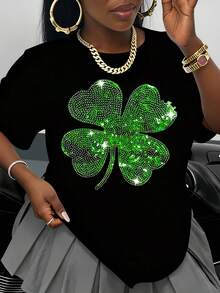 St Patricks Day Sparkle Shamrock Sequin T Shirt Women Lucky Clover Print Bling Top Black Short Sleeve Casual Fashion Tee For St Patricks Celebration Party Wear Festive Outfit Green Rhinestone Design Streetwear Style Comfortable Fit Soft Cotton Material Plus Size Available Modern Holiday Apparel Gift Idea - 黑色 - 查看 2