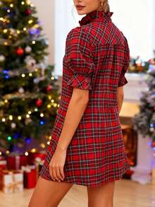 Women's Christmas Plaid Print Tunic Dress Puff Short Sleeve V Neck Loose Shirt Dress Casual Babydoll Xmas Dress With Pocket - 紅色 - 查看 6