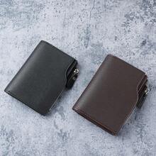 Cartera corta de cuero para hombres, cartera triple conúltiples tarjetas, monedero con cremallera para hombres - Marrón oscuro - Ver 3