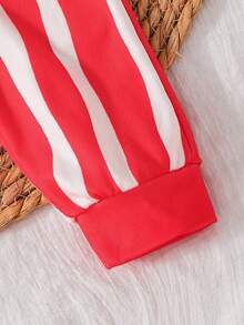 2pcs Cute Cherry Striped Print Beige And Red Long Sleeve Jumpsuit Set, Suitable For Baby Girls, Comfortable Fabric, Suitable For Spring, Autumn And Winter - Multicolor - View 9