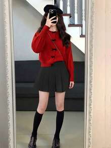 Top de manga larga con decoración de lazo, estilo lindo para principios de primavera y Año Nuevo. Se puede combinar con faldas y zapatos, adecuado para citas, parques de diversiones, vuelta al colegio y otras ocasiones en otoño, invierno y principios de primavera. (Solo se vende la Top/chaqueta) - Rojo - Ver 5