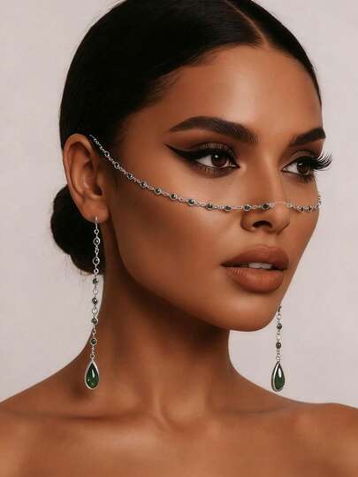 1 件绿色水晶流苏脸链，简约女士脸部珠宝配饰