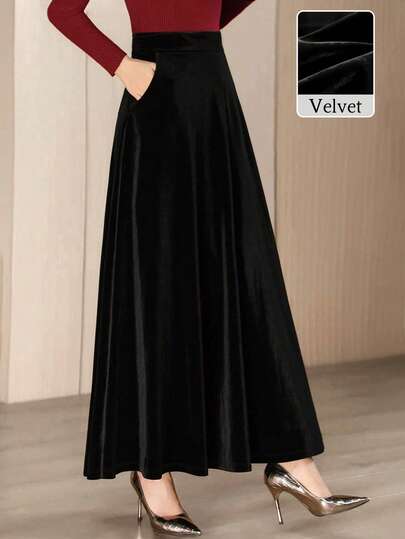 女士优雅天鹅绒A字裙，秋冬